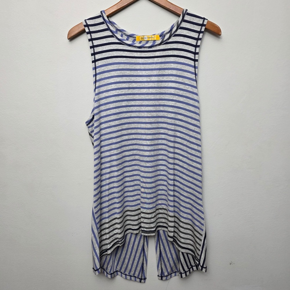 Cotton Innovation Tank Women Large Blue Grey Striped Button Back Coastal